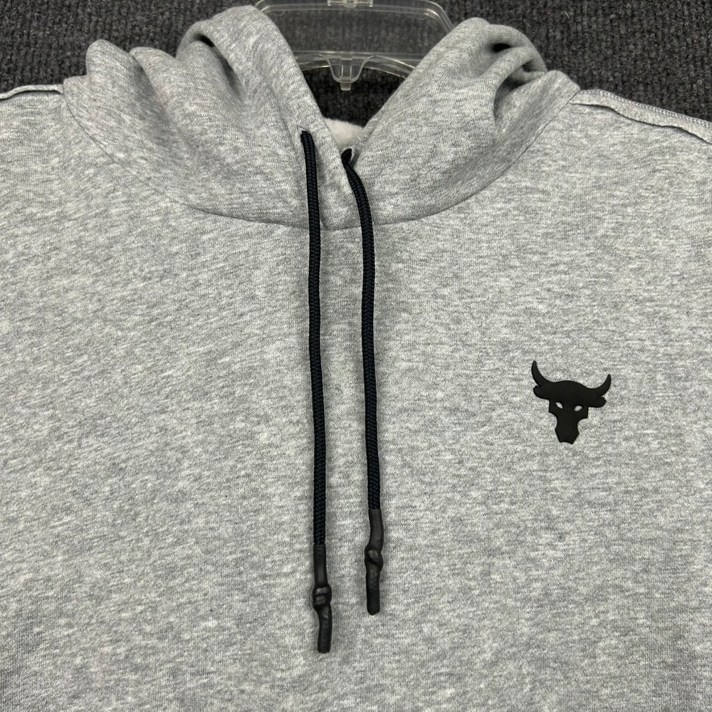 Under Armour Project Rock Hoodie Crop Sweater Fleece Pullover Gray Black Sz Med - Picture 2 of 9